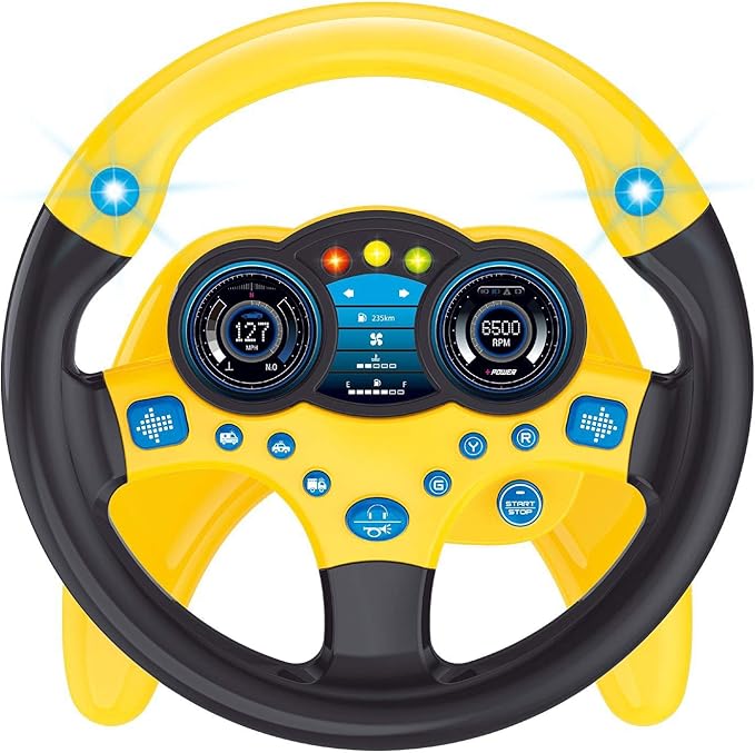 Simulated Driving Controller Portable Simulated Steering Wheel Copilot Toy Children's Small Steering Toy Gift Funny Interactive Driving Wheel with Music. (Yellow)