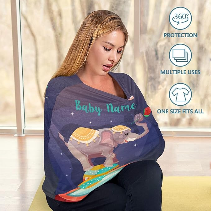 Personalized Baby Car Seat Cover for Babies, Custom Name Baby Car Seats Canopy for Boys Girls, Elephant Nursing Breastfeeding Stroller Covers for Infant Newborn, Shower Gift for Baby