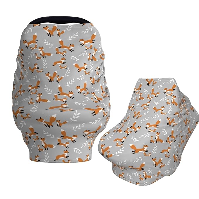 Cute Foxes Leaves Gray Baby Car Seat Covers Carseat Canopy Soft Infant Stroller Cover Nursing Breastfeeding Covers for Girls Boys Newborn