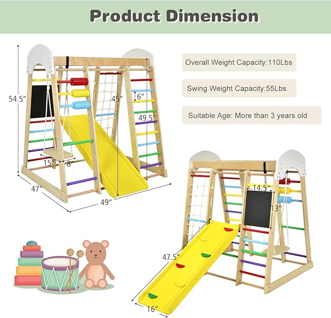 Costzon Indoor Playground, 8-in-1 Montessori Jungle Gym Beech Wood Climbing Toys for Toddlers w/Double-Sided Slide, Climbing Rock/Net, Indoor Playground Climber Playset for Kids 3+ Years (Rainbow)