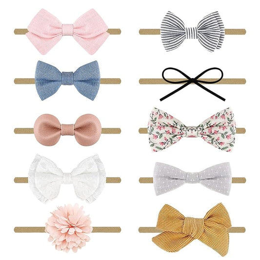 BQUBO Baby Girl Headbands with Bows Nylon Hairbands Handmade Hair Accessories for Newborn Infant Toddlers 10 Pack