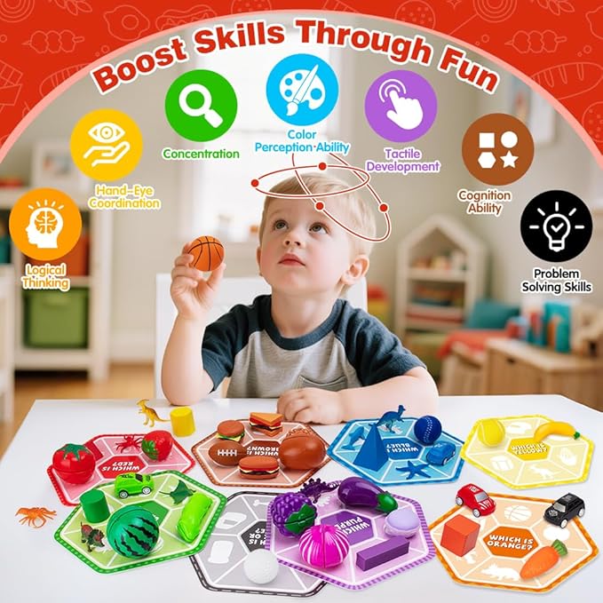 Sorting Toys for Toddlers, 48 Toys Sorting Matching Playset Sensory Toys for Kids, Match Card Sort Game Set with Storage Bag, Multiple Theme Box Preschool Educational Learning Fine Motor Skills Games