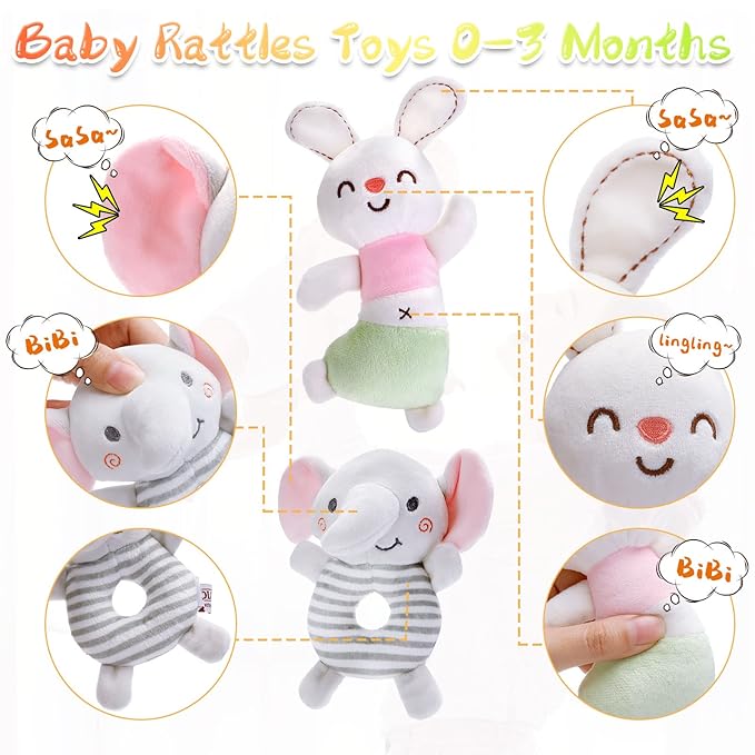 FPVERA Baby Rattles 0-6 Months: Soft Rattle Toys for Newborns, Plush Stuffed Animal Rattle for Infants, Toddlers Boys Girls Shower Gift