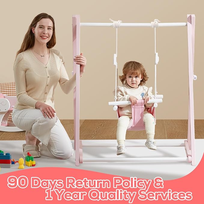 FUNLIO Montessori Wooden Swing Set for Toddlers 6-36 Months, Foldable Indoor Baby Swing Set of Durable Pine, Portable with 4 Sandbags &Extension Straps, Toddler Swing for Indoor/Outdoor-Pink