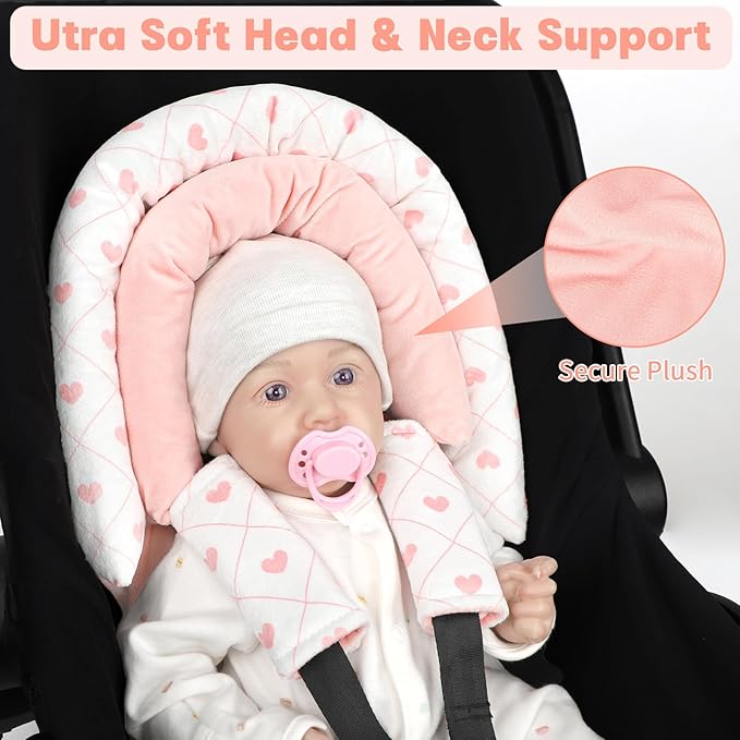 Infant Car Seat Insert, Baby Car Seat Head & Body Support with 2 Strap Pads, Ultra Soft Newborn Preemie Carseat Insert Cushion for Girls Boys, Fits Car Seat, Stroller, Swing, Bouncer, Pink