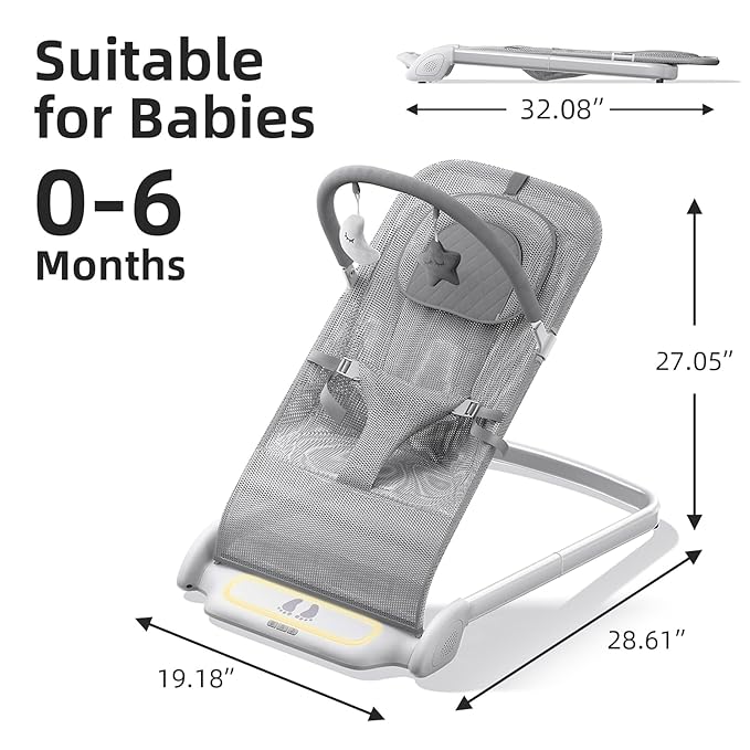 Derson Baby Bouncer, Portable Baby Bouncer Seat for Babies 0-6 Months, Infant Bouncer Chair Newborn with 8 Soothing Music, Foldable, Natural Vibrations (Gray)