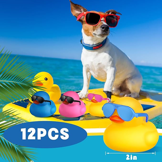 Chivao 12 Pcs Rubber Ducks with 12 Sunglasses/ Hats/ Headwear Small Mini Carnival Cruise Birthday Rubber Duckies Bathtub Toys in Bulk(Stylish Style,Bright Colors)