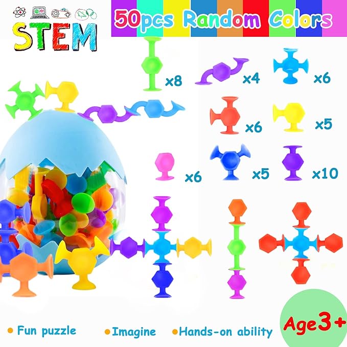 50pcs Suction Toys Easter Basket Stuffers Sensory Toys for Kids Ages 3 4 5 6 7 8 Boys Girls, Stocking Stuffers Bath Toy for Toddlers Montessori 8 Colors Slicone Travel