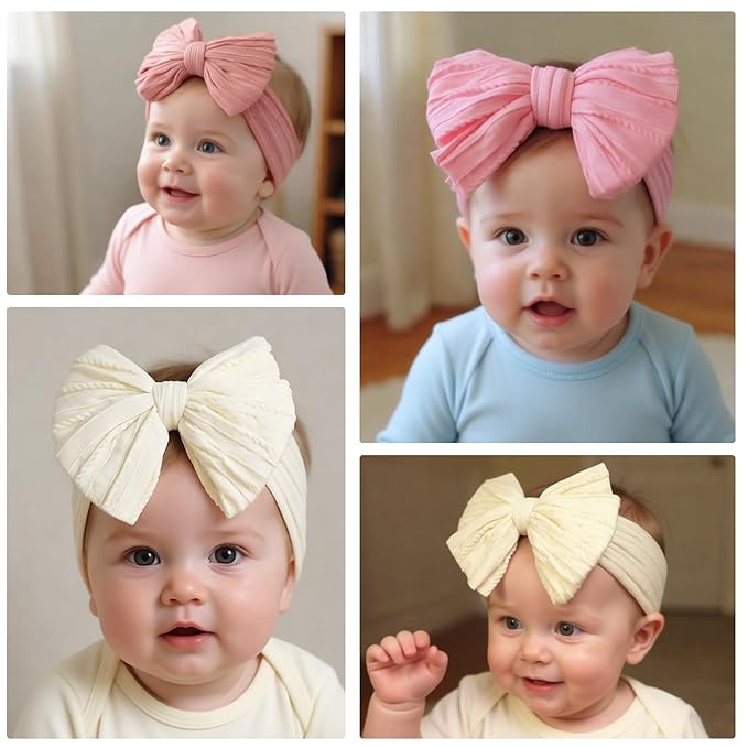 JOYOYO 3 Pcs Soft Wide Turban Baby Headbands with Double-Layer Bow for Baby Girls, Newborns, Toddlers(Beige, Pearl Pink, Pink)