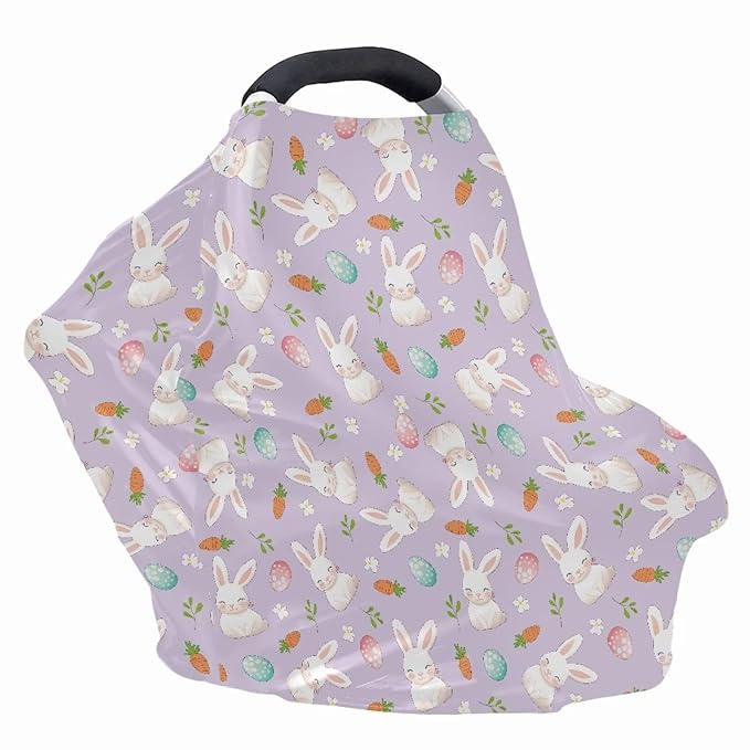 Wanyint Easter Rabbit Eggs Carrot Violet Nursing Cover Carseat Canopy Cover Adorable Car Seat Covers for Babies Girls Boys Breathable Nursing Cover for Boys Girls