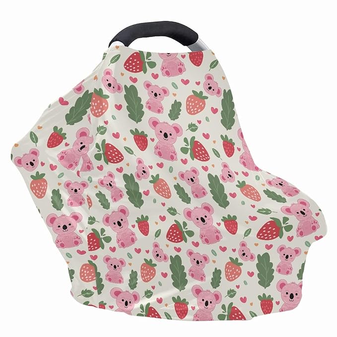 Wanyint Koala Strawberry Print Car Seat Cover for Babies Canopy Cover for Boys and Girls Nusring Cover for Breastfeeding Breathable Soft Carseat Canopy