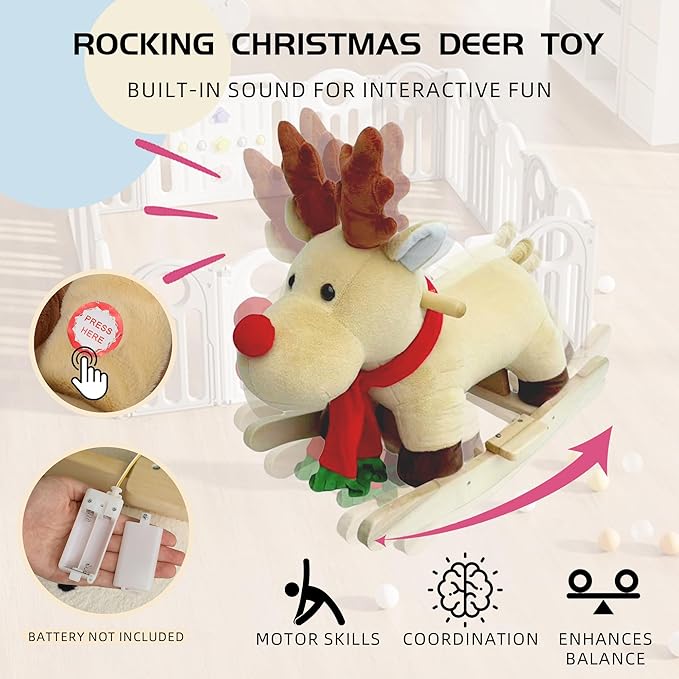 Reindeer Baby Rocking Horse for Toddlers 1 Years to 3 Years, Stuffed Plush Ride-on Rocking Animal with Realistic Sound and Music, Wooden Rocking Horse with Seat, Apricot Reindeer, CPC Certified