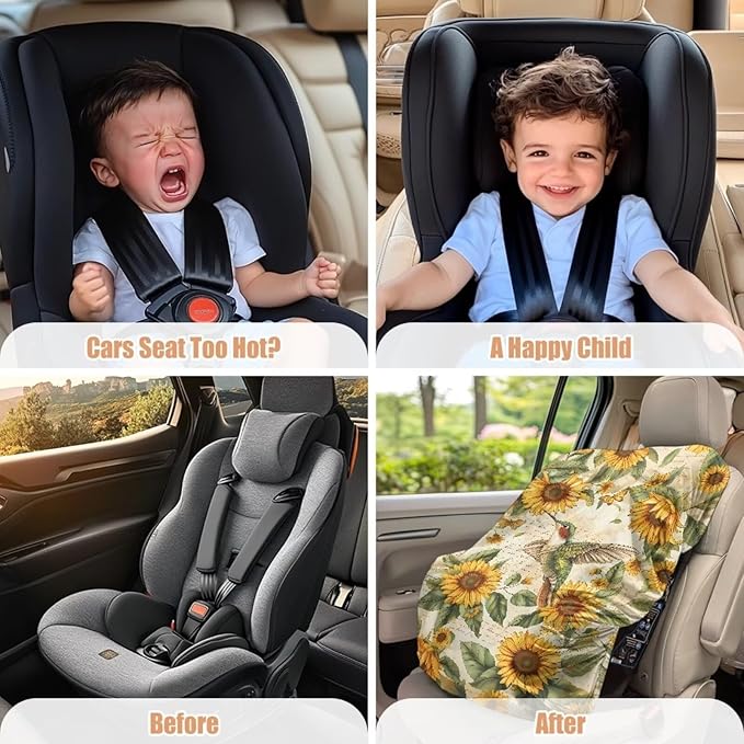 Hummingbird Car Seat Cover, Sunflower Car Seat Sun Shade Cover, Wear-Resistant Carseat Cover to Keep The Car Seat Cool, Easy to Install