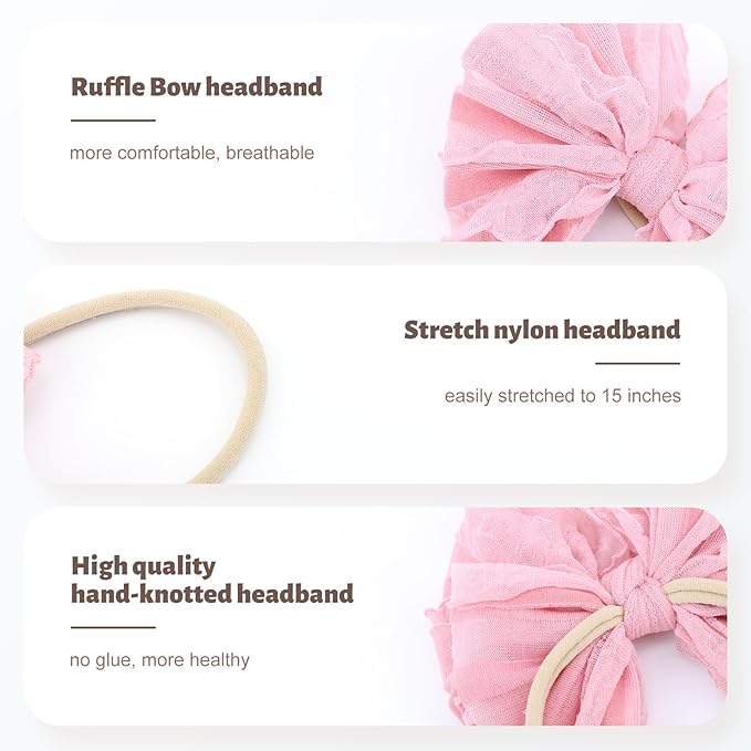 YanJie Baby Girl Bows Nylon Lace Baby Headbands Handmade Soft Elastics Newborn Bows Ruffled Big Bow Hair Accessories for Infant Baby Toddlers Girls Black White Beige Red Pink Blue