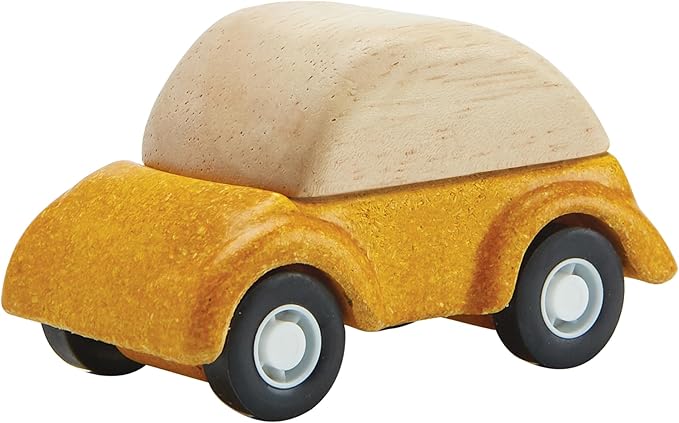 PlanToys® Yellow Car Wooden Montessori Vehicle Toy | Early Movement, Imagination and Practical Life Exploration | Eco Friendly Car for Indoor and Outdoor Play