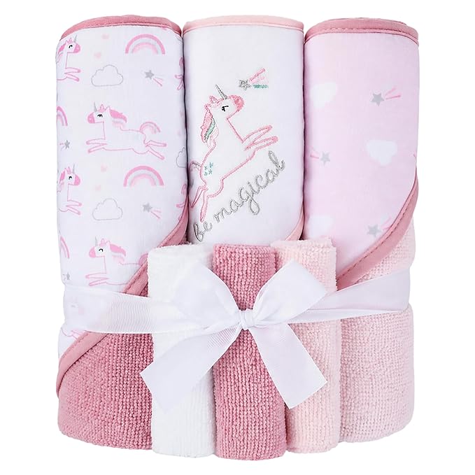 Viviland Baby Towels and Baby Wash Cloths Set Hooded Baby Towels Baby Wipes Absorbent Bath Face Towels Burp Cloths or Face Towels for Girl Boy 6-Pack Size 28 x 28 Inch(Unicorn Rainbow)