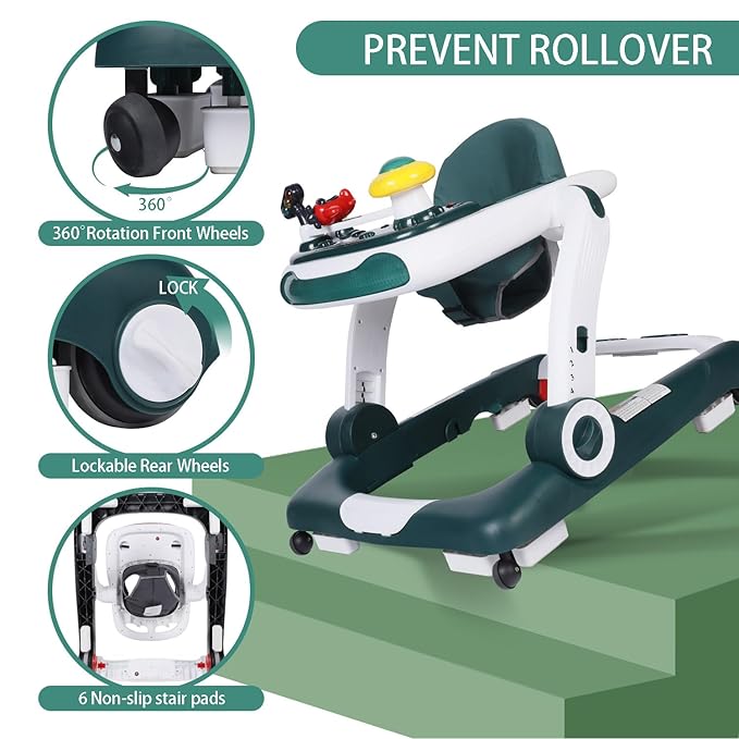 Kinder King Baby Walker with Music & Lights, 5 in 1 Baby Activity Walker with Wheel, Adjustable Height & Seat, Learning-Seated & Toddler Walk-Behind, Safety Bumper, Infant Walker Anti-Rollover, Green