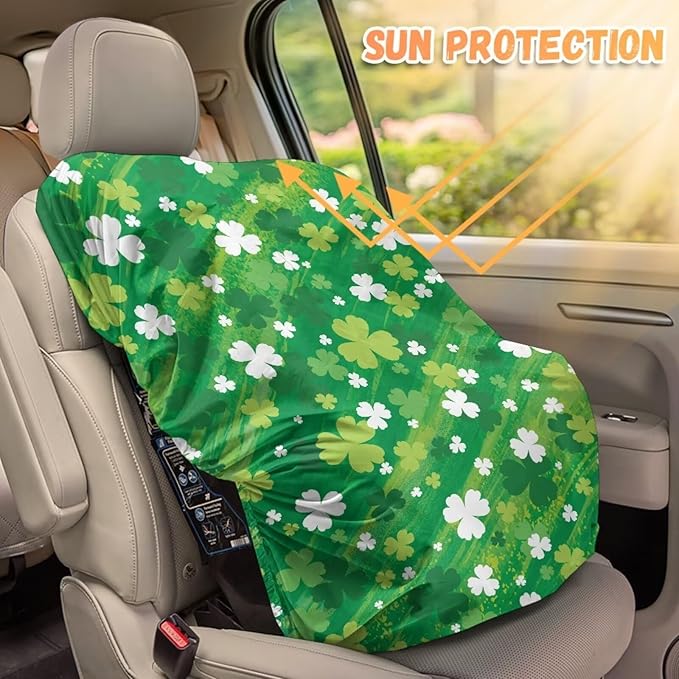 St. Patricks Day Car Seat Cover, Green Leaf Car Seat Sun Shade Cover St. Patricks Day Decor Cooler Temperature Infant Car Seats Reflective Heat Protector, UV Protection Toddler Carseat Cover