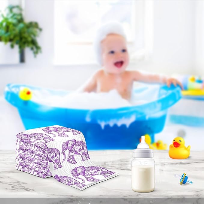 vvfelixl Baby Muslin Washcloths Purple Outline Elephant Baby Burp Cloths Cotton Babys Face Towel for Newborn Infants Boys Girls Soft and Absorbent 11.8 X 11.8 in, 3 Pack