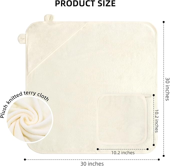 LifeTree 1 Pack Baby Hooded Towel with 1 Pack Washcloth for Newborn, 100% Cotton Bath Towel for Babies, Infant, Toddler and Kids, Thick,Soft and Absorbent, 30 * 30 Inches, Newborn Essentials, White