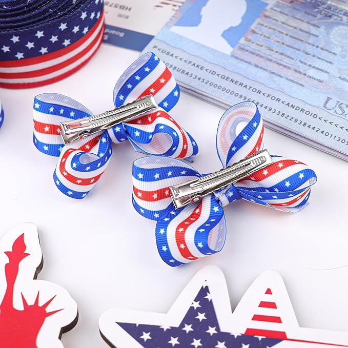 YanJie 4th of July 2pcs Hair Clips 3'' Blue Bow American Flag Hair Bows Baby Girls Clips Patriotic Hairgrips Hair Accessories Independence Day