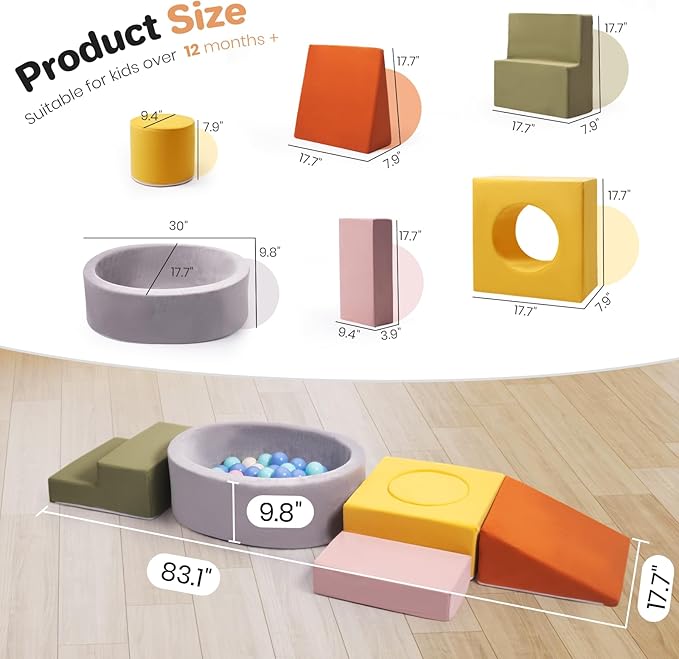 Rinnebbit 6-Piece Foam Climbing Blocks for Toddlers, Climb and Crawl Soft Play Set, Machine Washable Cover, Indoor Activity Play Structure, Climbing Toys for Toddlers 1-3 (Multi-Color, w/Ball Pit)