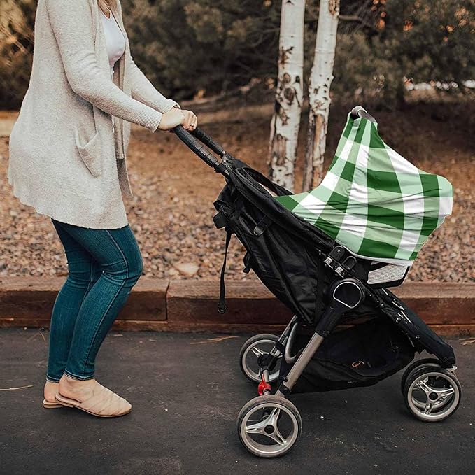 Green White Plaid Car Seat Covers for Babies, Buffalo Checkered Lattice Geometric Nursing Breastfeeding Covers Stretchy Breathable Baby Carseat Canopy Cover for Girls and Boys Shower Gifts