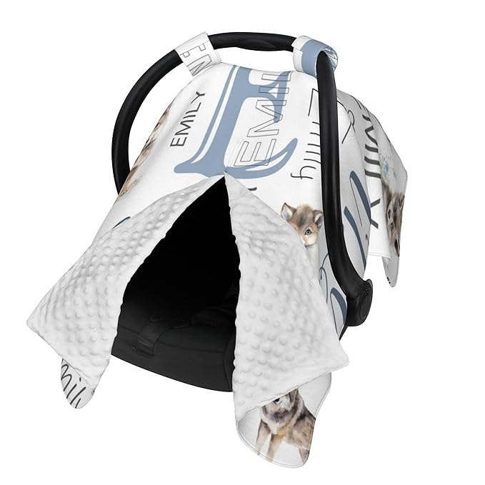 Personalized Baby Car Seat Cover Custom Name CarSeat Canopy Customized Wolf Newborn Nursing Breastfeeding Cover Minky Baby Blanket Infant Car Seat Canopies for Baby Girls Boys