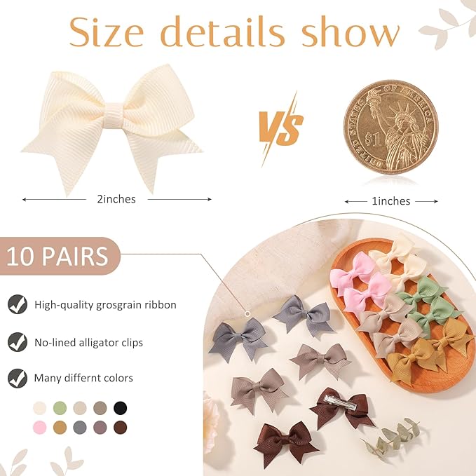 yoyokid 20PCS 2 Inch Baby Hair Bows for Girls, Mini Grosgrain Ribbon Alligator Clips for Infants Toddlers in Pairs, 10 Colors A