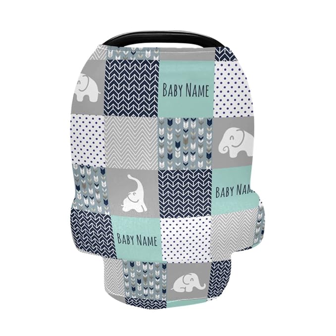 Personalized Baby Car Seat Cover for Boys Girls, Custom Nursing Covers for Breastfeeding with Name, Infant Stroller Cover, Baby Carseat Canopy for Newborn, Multiuse Car Seat Canopies, Cute Elephant