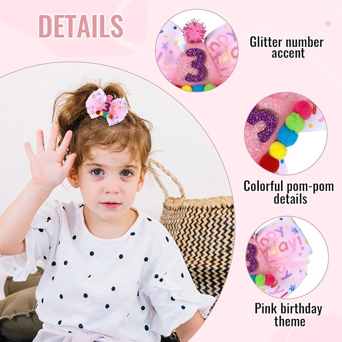 Birthday Hair Bow for Baby Girls 1 2 3 4 5 6 Year Old Sprinkle Hair Clips Happy Birthday Decorations for Girls Toddlers With Pom-Poms Ice Cream Candy Party Pink Hair Accessories for 3rd Sweet Party