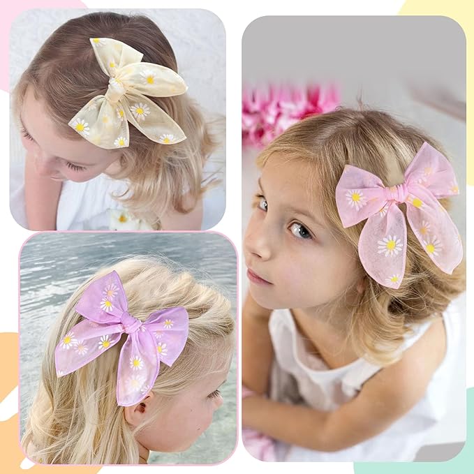 7 PCS Tulle Hair Bows for Girls, Large Daisy Hair Barrettes, Handmade Cute Wedding Hair Accessories for Baby Girls Infants Toddler Teens Women Birthday Party