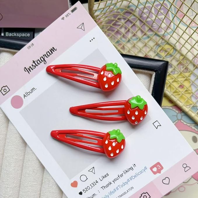 Strawberry Snap Clips Baby Girls Fruit Hair Bow Clips Strawberry Hair Ring Tie BBW24 (6 Pcs-C4)