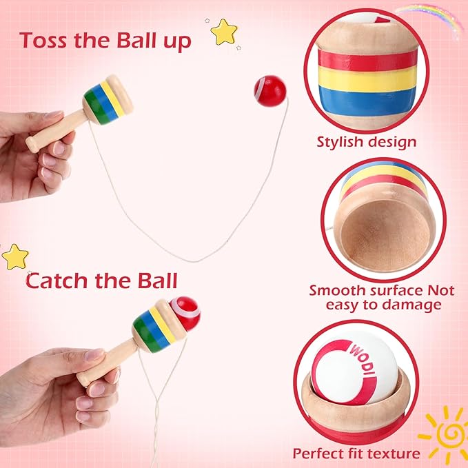 RoundFunny 20 Pcs Wooden Catch Ball Game Mini Wood Ball Catching with String Cup Vintage Catch Toys for Kids Novelty Party Game for Fun Lawn Camping Beach Hand Eye Coordination Educational