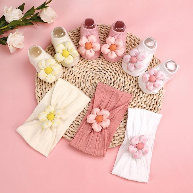 MIUXUESO Baby Girls Headbands and Socks Newborn Flower Hairbands Non-Slip Grips Socks Nylon Hair Accessories Infants and Toddlers (Pink, 6-12 Months)