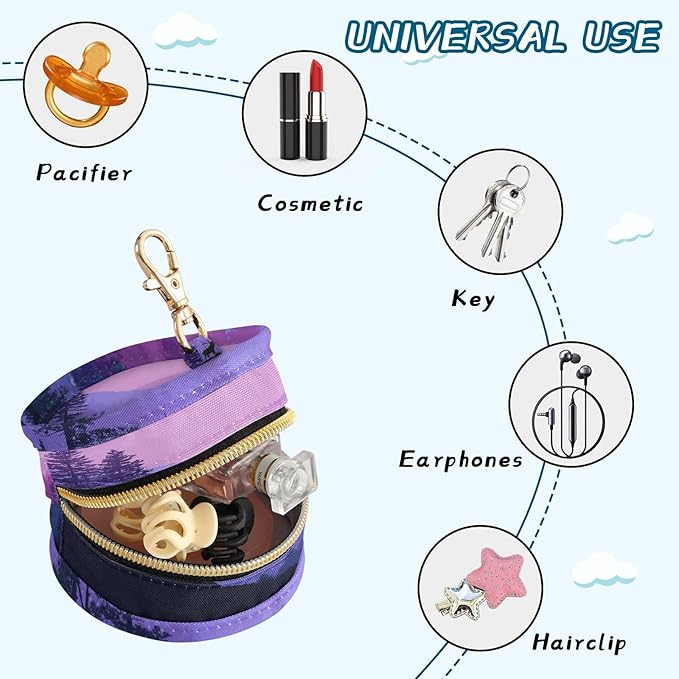 Pacifier Holder with Clip Pacifier Case for Diaper Bag Round Baby Pacifier Pouch Box Bag Portable Purple Stag Forest Trees