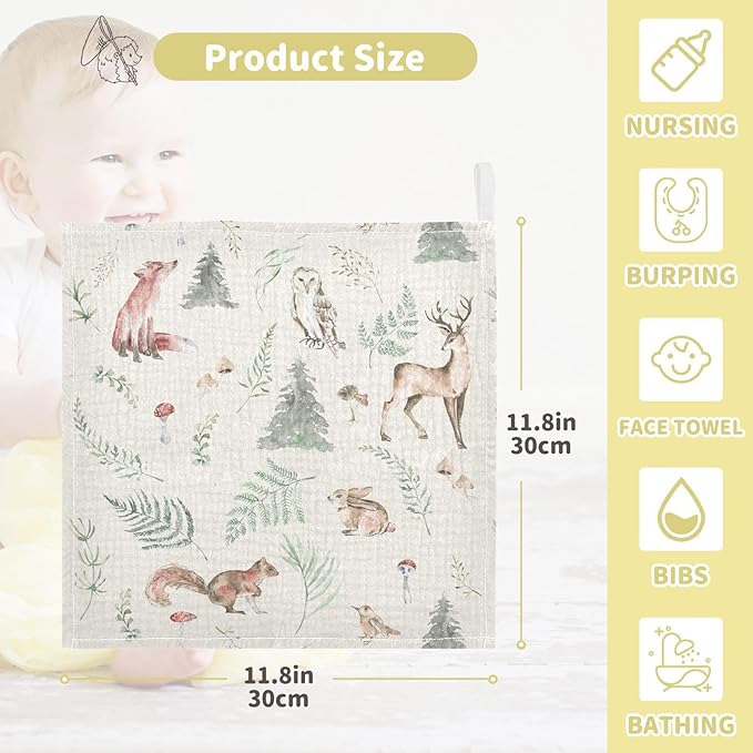 vvfelixl Baby Muslin Washcloths Watercolor Forest Animals Baby Burp Cloths Cotton Baby Face Towel for Newborn Infants Boys Girls Soft and Absorbent 11.8 X 11.8 in, 3 Pack