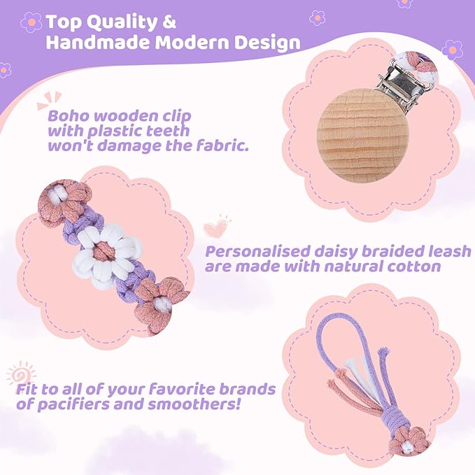 Pacifier Clip for Boys Girls Floral Daisy Macrame Baby Paci Clip Pacifier Holder Leash Boho Wooden Clips Handmade Braided Cotton Binky Clips (2pack:Lavender Style × 2)
