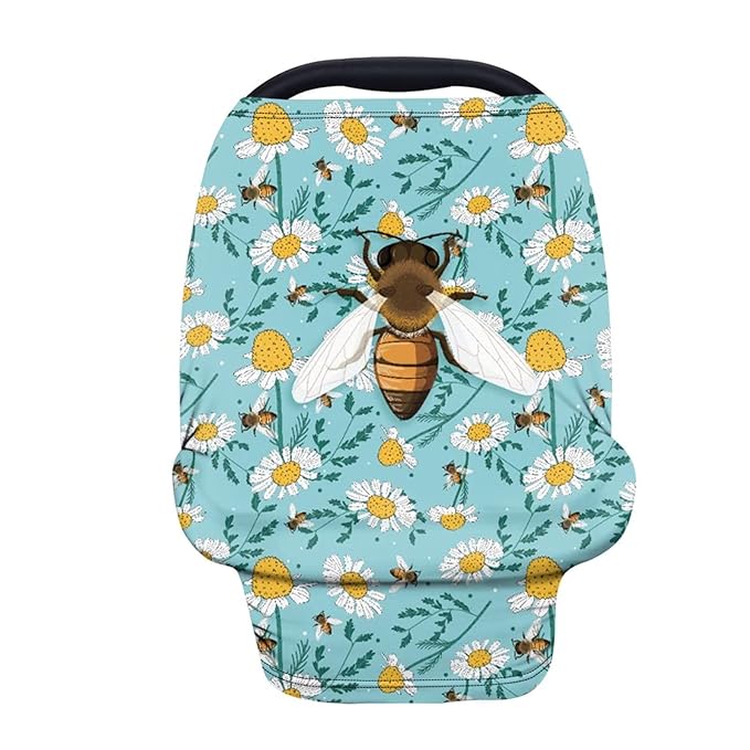 Forchrinse Bee Daisy Print Baby Carseat Canopy Breathable Breastfeeding Scarf Nursing Cover Muti-use Baby Car Seat Cover for Girls Boys