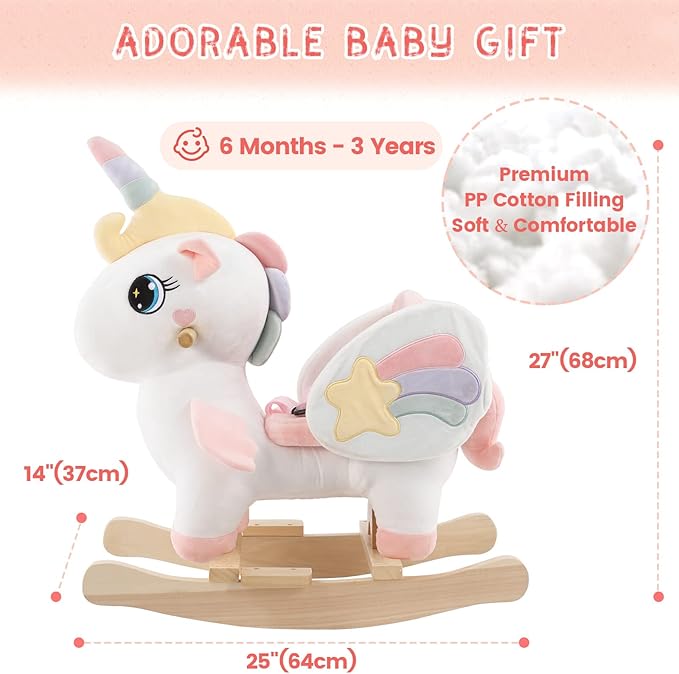 FUNLIO Unicorn Baby Rocking Horse, Rainbow Fairy Unicorn Rocking Horse for Toddlers 6 Months to 3 Years, Stuffed Ride-on Animal Rocker, Easy to Assemble, CE & CPC Certified