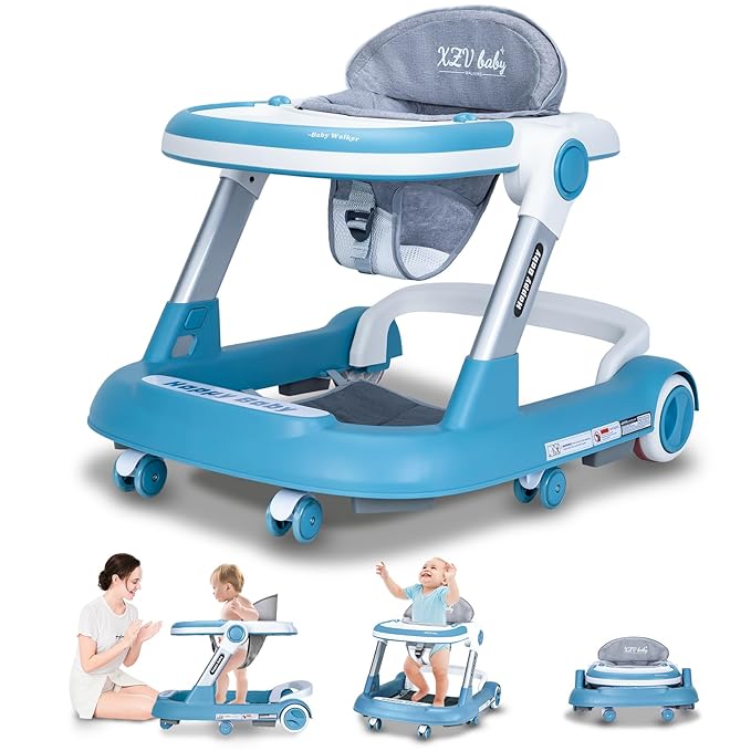 Baby Walker with Wheels 4 in 1 Foldable Activity Center with Mute Wheels Adjustable Heights Anti-Fall Activity Center for Boys Girls Safe Infant Toddler Walker with Footrest for 6-24 Months