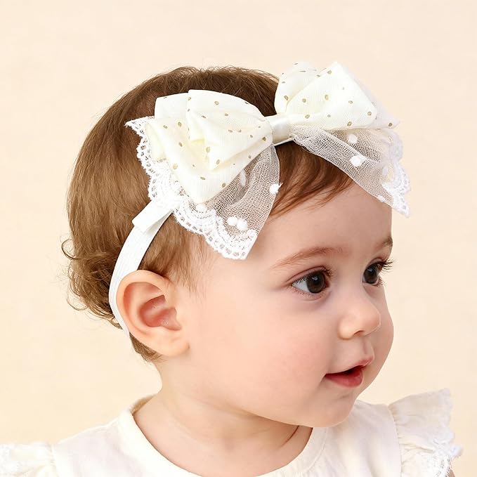 Baby Girls Hairbands bows Headband Stretchy Soft Flower Hairband Toddler Handmade Headbands with Pearls Elastic Headband for Infant Toddler Girl Hair Accessories (Lace Dot Bow, Elastic)