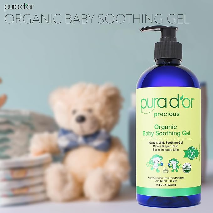 PURA D'OR ORGANIC Baby Soothing Gel For Sensitive Skin (16 Oz x2 = 32 Oz) Diaper Rash & Irritation Relief with Aloe Vera, Tamanu Oil, Chamomile, Jojoba, & Almond Oil