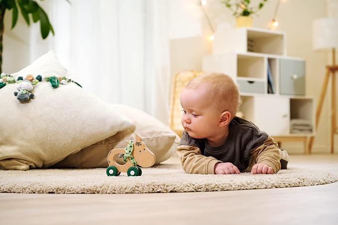 Eichhorn - Baby Hipp Collection - Sliding Donkey with Fabric, Silent Silicone Wheels, 12 cm Long, 100% FSC Certified Beech Wood, Suitable for Children from 1 Year
