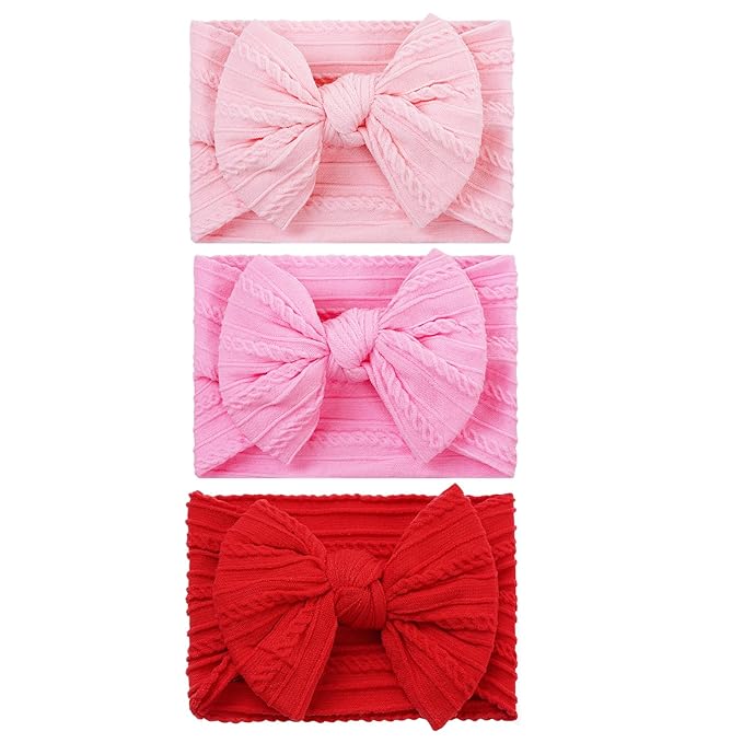 baotongle 3pcs Baby Girls Headbands Soft Stretchy Nylon Hair Bands Hair Accessories with Bows for Newborn Baby Girls Infant Toddlers Kids(Light Pink,Deep Pink,Red, 5.7inches)