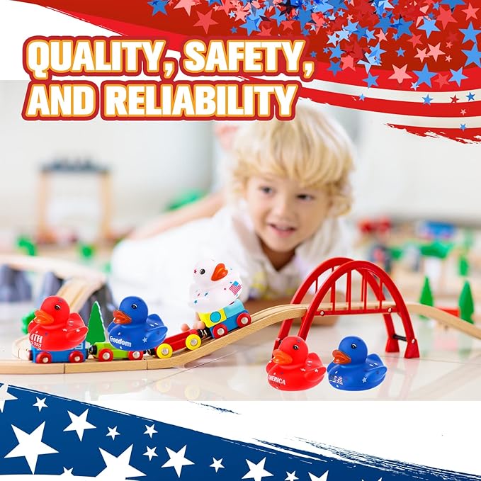 Sratte 50 Pcs Patriotic Rubber Ducks 2'' Blue Red White Mini Ducks in Bulk for USA 4th of July Memorial Day Independence Day Party Favors Decor Supplies Star Rubber Baby Bath Toys for Kids Adults