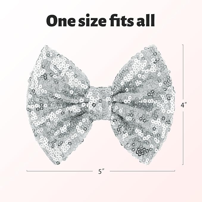 Hair Accessories: Sequins Alligator Clips, Large Bows for Toddlers, Teens, Women - 5 Inches, Sliver Gift Set