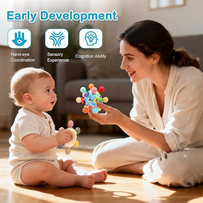 2 Pack Baby Teething Toys for 0-6 6-12 Months, Silicone Soothing Baby Teether Toys & Montessori Sensory Toys for Boy Girl, Safe and Durable Teething Toys for Newborn Infant
