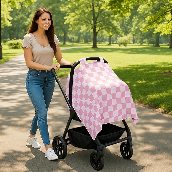 Muslin Car Seat Cover for Babies - Pink & White Plaid Infant Carrier Canopy, Soft & Breathable Baby Carseat Cover, Lightweight Sunshade for Summer, Universal Fit for Boys & Girls