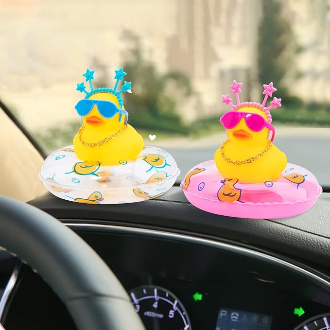 wonuu Car Duck Rubber Duck Car Ornaments Duck Car Dashboard Decorations with Cute Headband Swim Ring Necklace Sunglasses, B-Blue Star Headband-Transparent